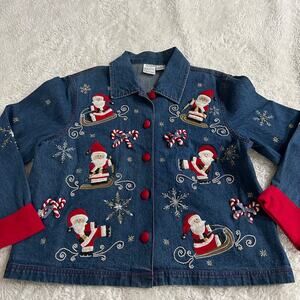 VTG Bleu Bayou Blue Denim Jacket Sz M Santa Winter Holiday Christmas Cotton